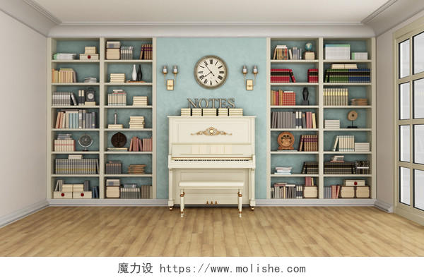 3D豪华的客厅与大书柜里全是书和直立钢琴